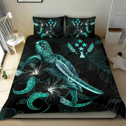 Kosrae Polynesian Bedding Set - Turtle With Blooming Hibiscus Turquoise