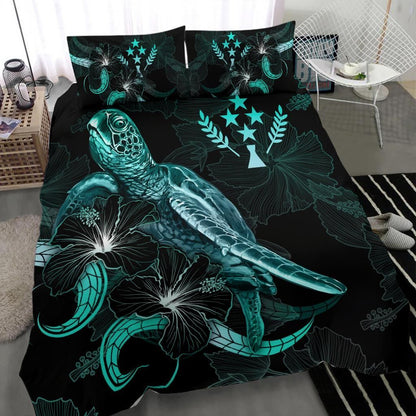 Kosrae Polynesian Bedding Set - Turtle With Blooming Hibiscus Turquoise