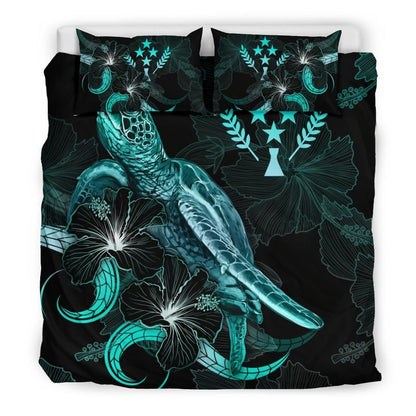 Kosrae Polynesian Bedding Set - Turtle With Blooming Hibiscus Turquoise