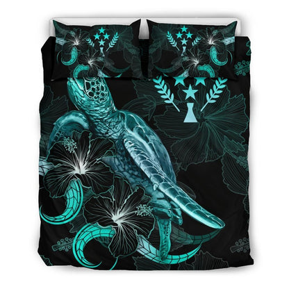 Kosrae Polynesian Bedding Set - Turtle With Blooming Hibiscus Turquoise