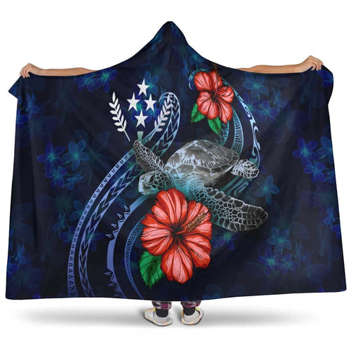 Kosrae Polynesian Hooded Blanket - Blue Turtle Hibiscus