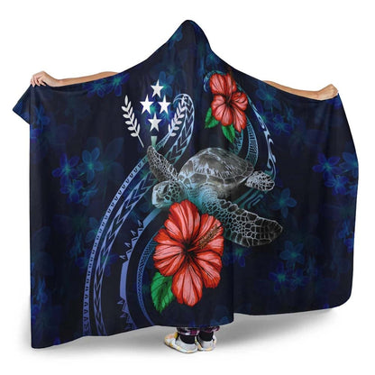 Kosrae Polynesian Hooded Blanket - Blue Turtle Hibiscus