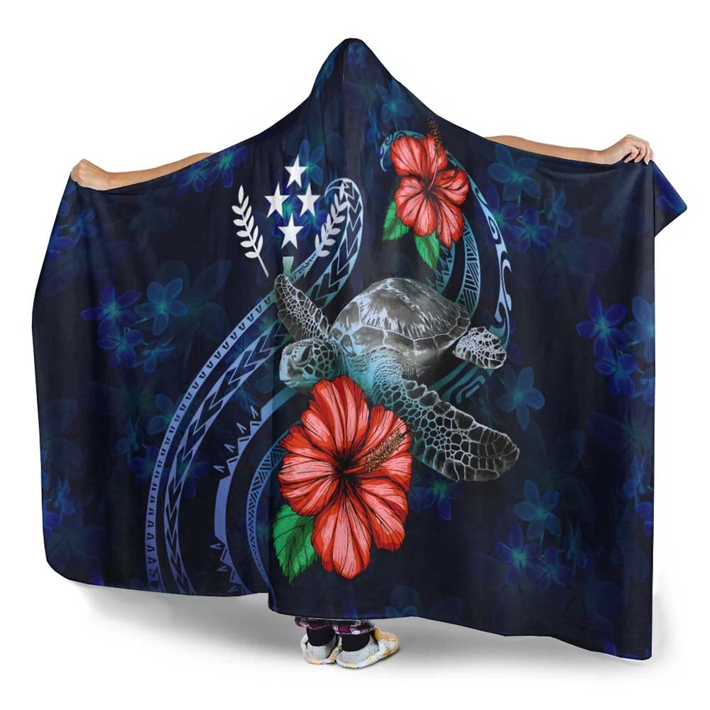 Kosrae Polynesian Hooded Blanket - Blue Turtle Hibiscus