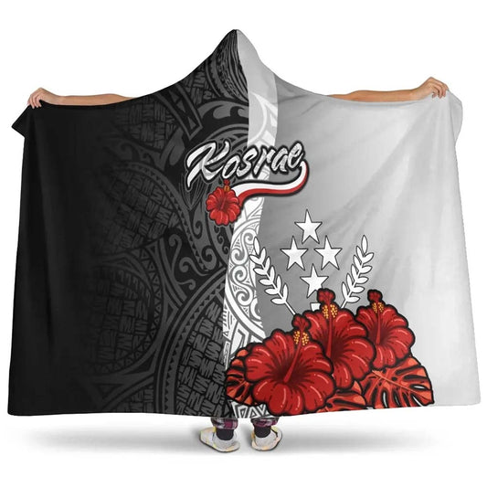 Kosrae Polynesian Hooded Blanket- Coat Of Arm With Hibiscus White