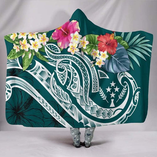 Kosrae Polynesian Hooded Blanket - Summer Plumeria (Turquoise)