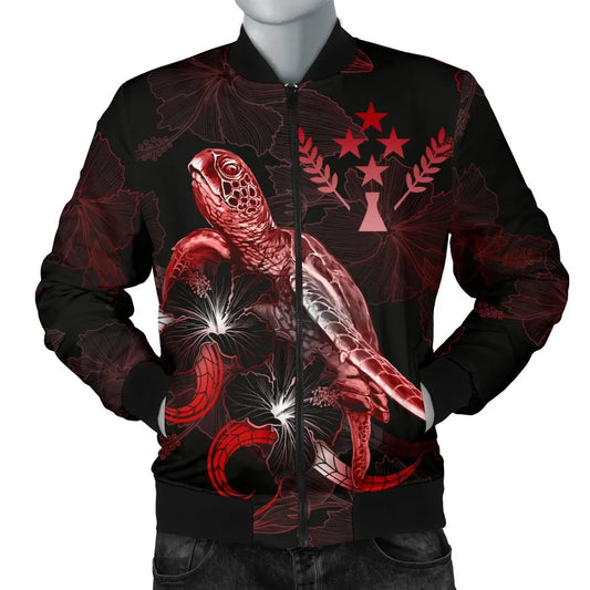 Kosrae Polynesian Bomber Jacket - Turtle With Blooming Hibiscus Red