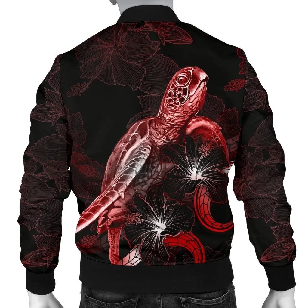 Kosrae Polynesian Bomber Jacket - Turtle With Blooming Hibiscus Red