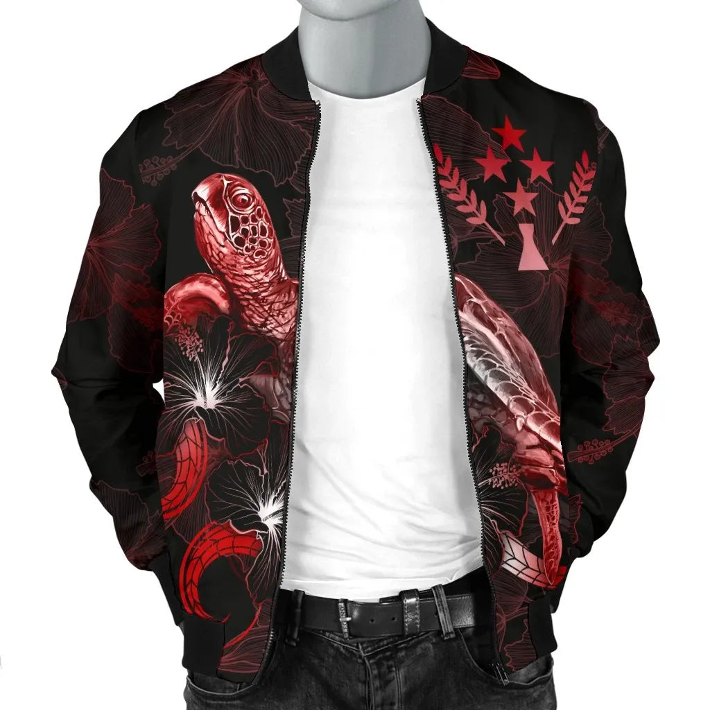 Kosrae Polynesian Bomber Jacket - Turtle With Blooming Hibiscus Red