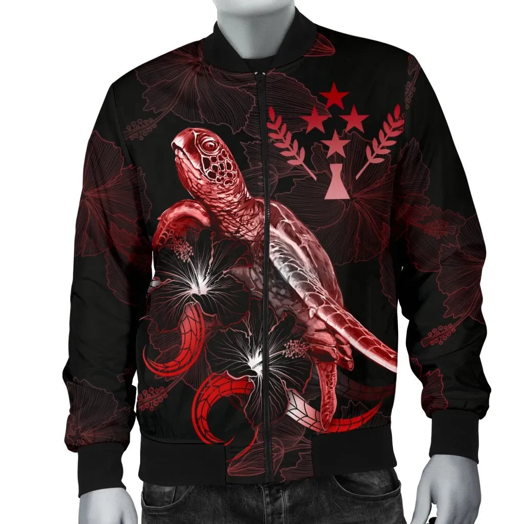 Kosrae Polynesian Bomber Jacket - Turtle With Blooming Hibiscus Red
