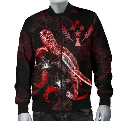 Kosrae Polynesian Bomber Jacket - Turtle With Blooming Hibiscus Red