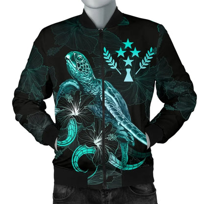 Kosrae Polynesian Bomber Jacket - Turtle With Blooming Hibiscus Turquoise