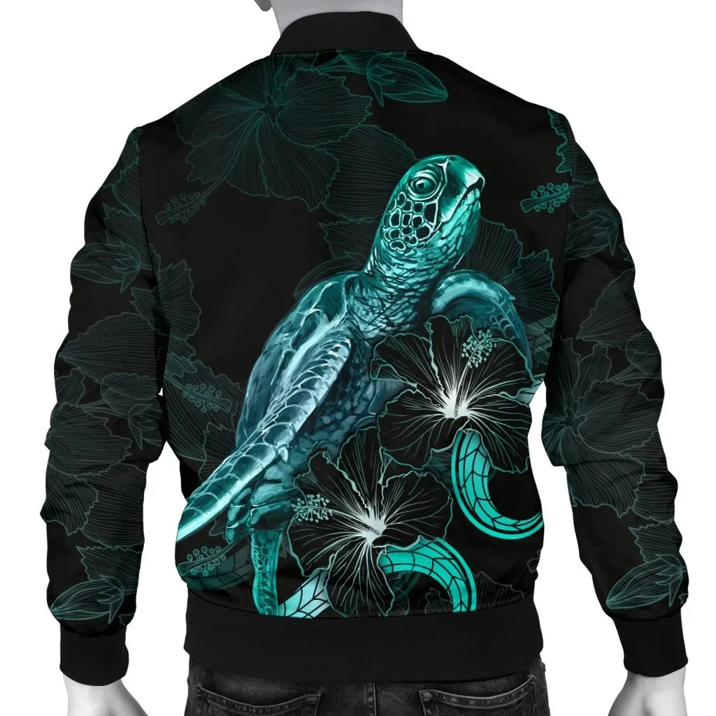 Kosrae Polynesian Bomber Jacket - Turtle With Blooming Hibiscus Turquoise