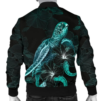Kosrae Polynesian Bomber Jacket - Turtle With Blooming Hibiscus Turquoise