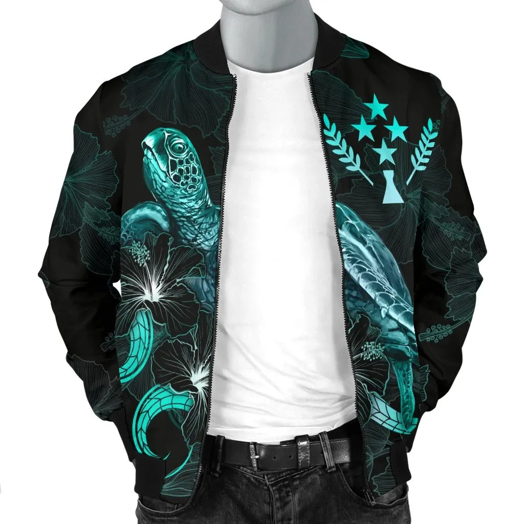 Kosrae Polynesian Bomber Jacket - Turtle With Blooming Hibiscus Turquoise