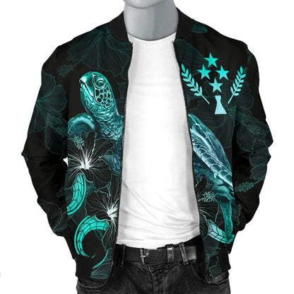 Kosrae Polynesian Bomber Jacket - Turtle With Blooming Hibiscus Turquoise