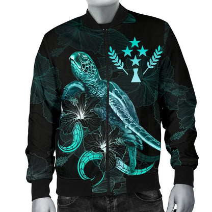 Kosrae Polynesian Bomber Jacket - Turtle With Blooming Hibiscus Turquoise