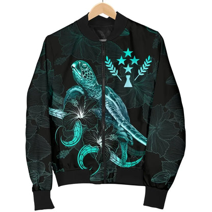 Kosrae Polynesian Bomber Jacket - Turtle With Blooming Hibiscus Turquoise