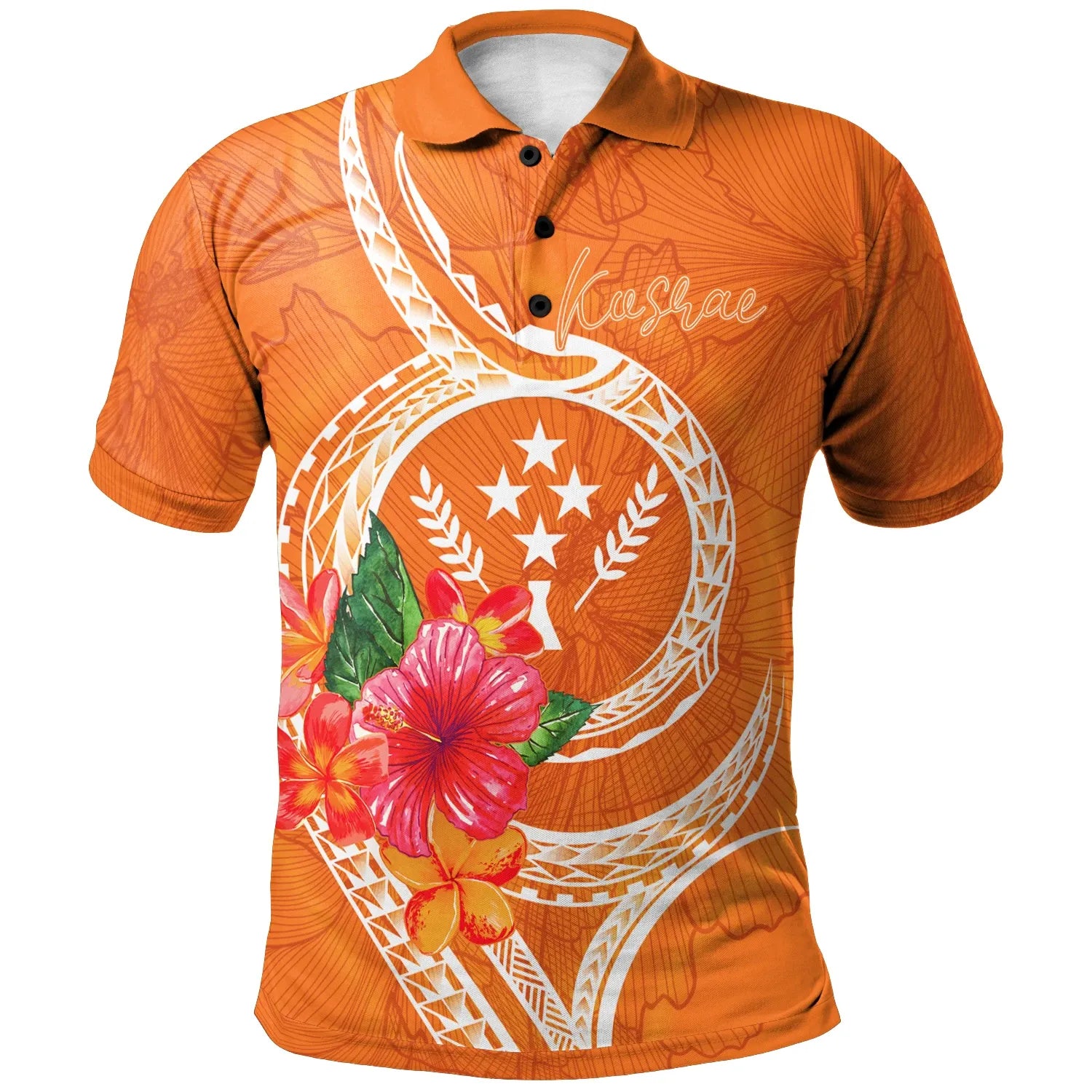 Kosrae Polynesian Polo Shirt - Orange Floral With Seal