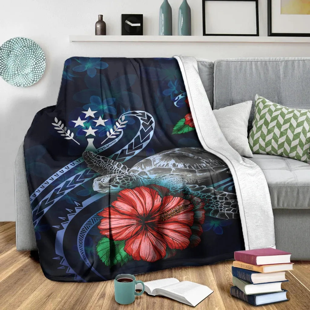 Kosrae Polynesian Premium Blanket - Blue Turtle Hibiscus