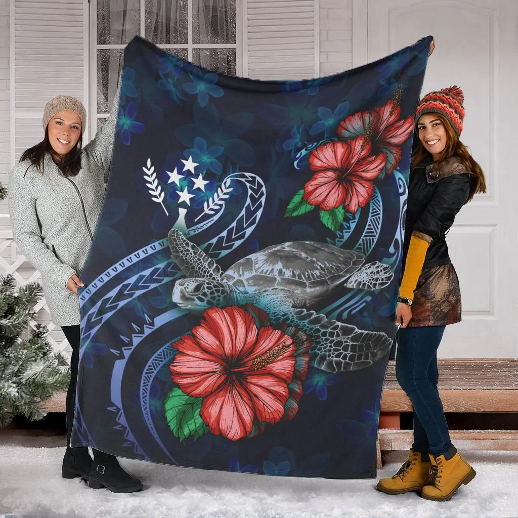 Kosrae Polynesian Premium Blanket - Blue Turtle Hibiscus