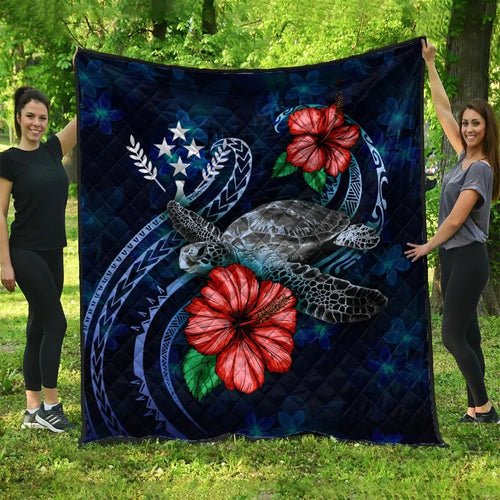 Kosrae Polynesian Premium Quilt - Blue Turtle Hibiscus