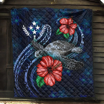Kosrae Polynesian Premium Quilt - Blue Turtle Hibiscus
