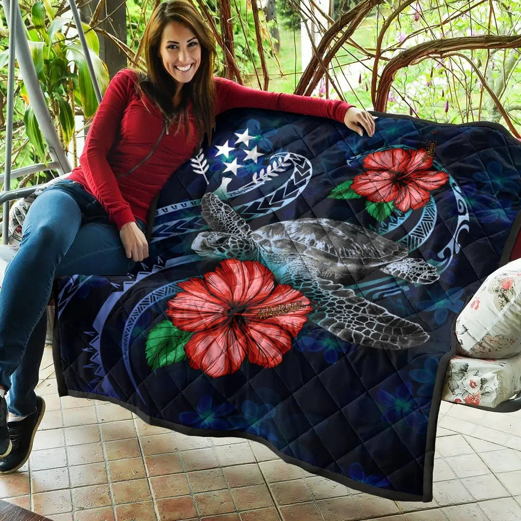 Kosrae Polynesian Premium Quilt - Blue Turtle Hibiscus