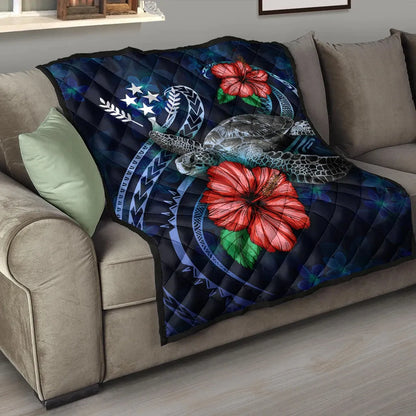Kosrae Polynesian Premium Quilt - Blue Turtle Hibiscus