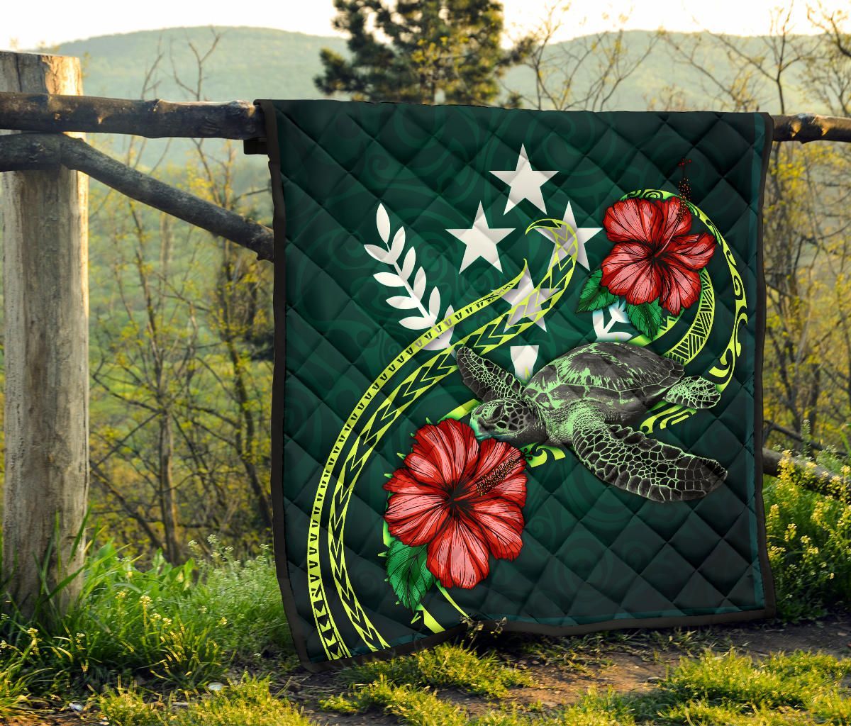 Kosrae Polynesian Premium Quilt - Green Turtle Hibiscus