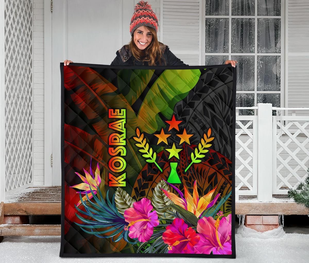 Kosrae Polynesian Premium Quilt -  Hibiscus and Banana Leaves