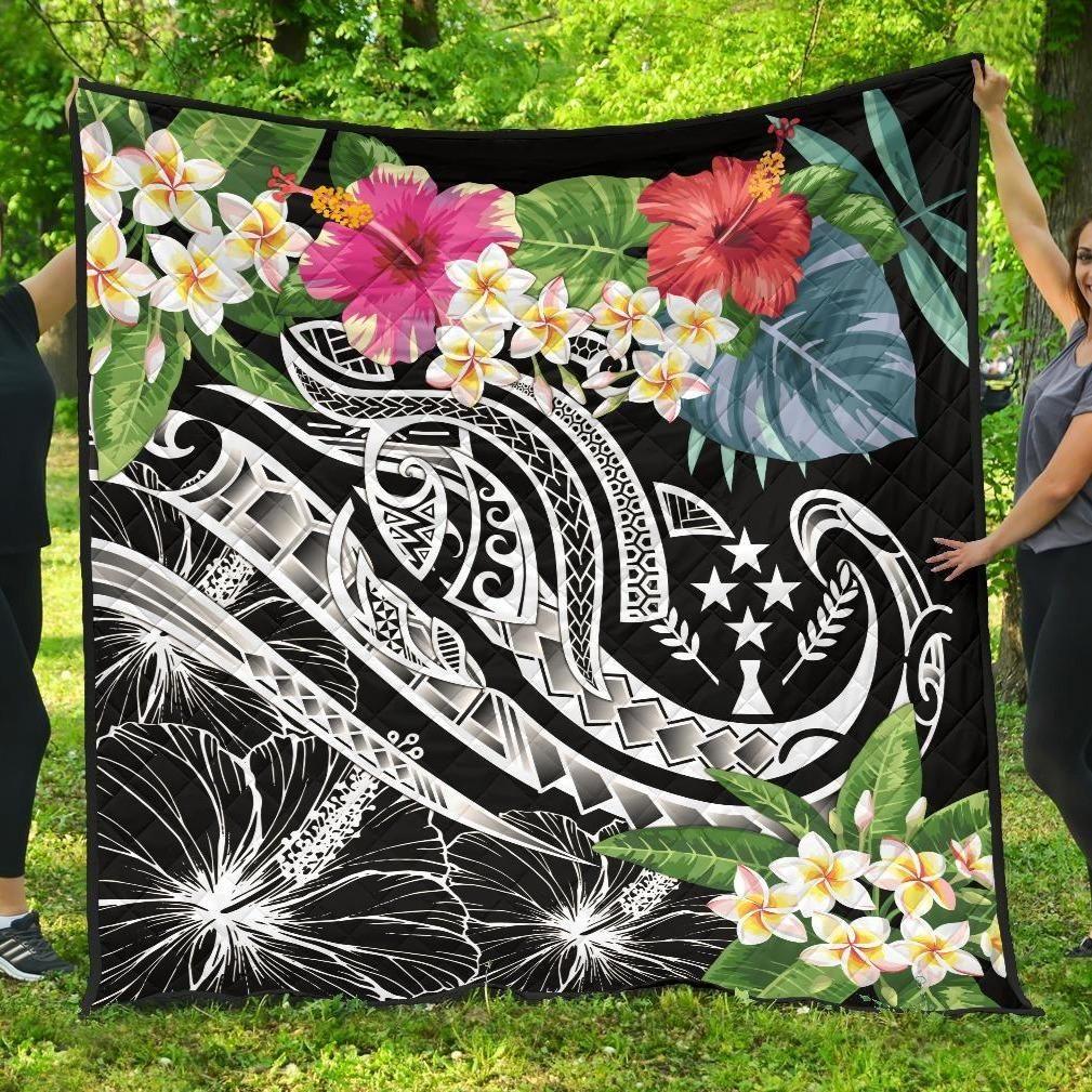 Kosrae Polynesian Premium Quilt - Summer Plumeria (Black)