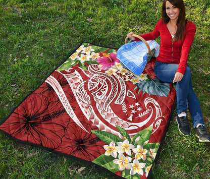 Kosrae Polynesian Premium Quilt - Summer Plumeria (Red)