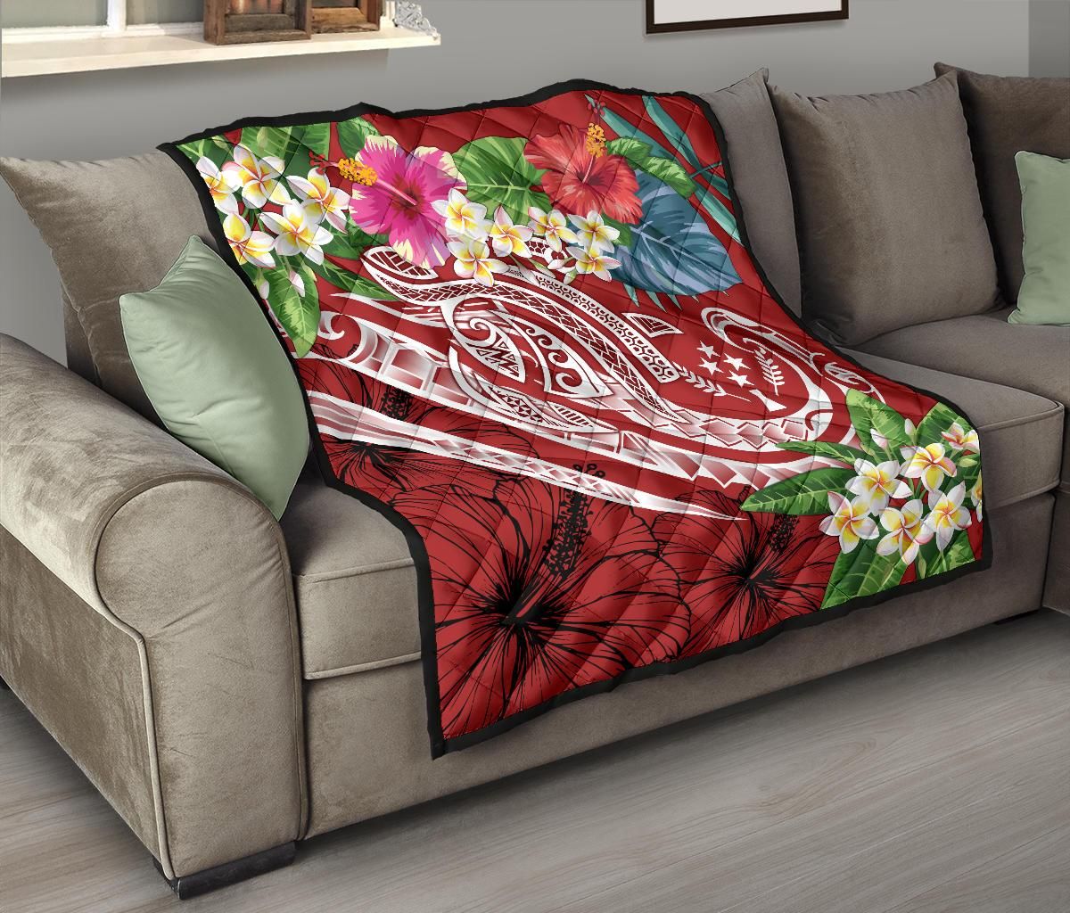 Kosrae Polynesian Premium Quilt - Summer Plumeria (Red)