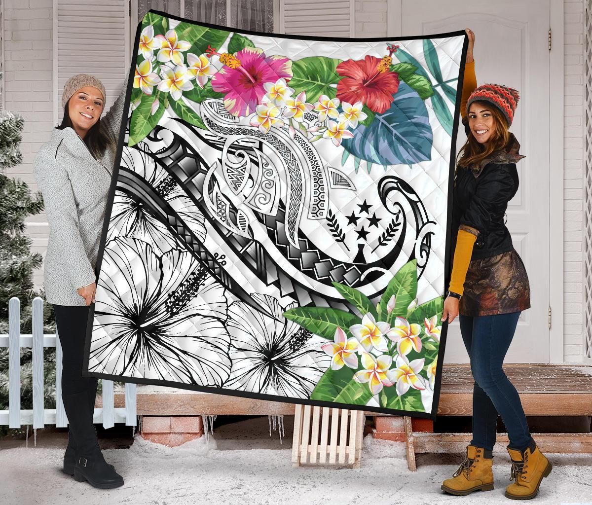 Kosrae Polynesian Premium Quilt - Summer Plumeria (White)