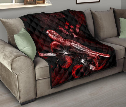 Kosrae Polynesian Premium Quilt - Turtle With Blooming Hibiscus Red