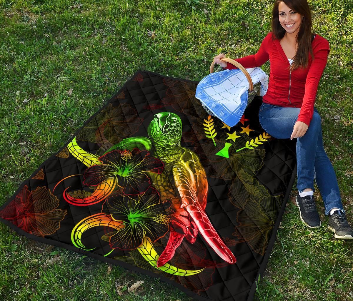 Kosrae Polynesian Premium Quilt - Turtle With Blooming Hibiscus Reggae