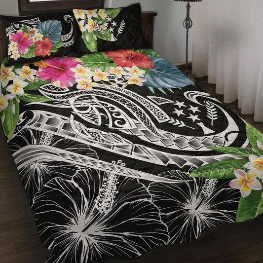 Kosrae Polynesian Quilt Bed Set - Summer Plumeria (Black)