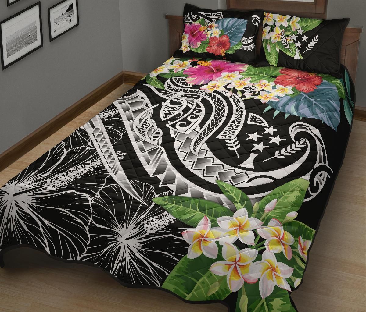 Kosrae Polynesian Quilt Bed Set - Summer Plumeria (Black)