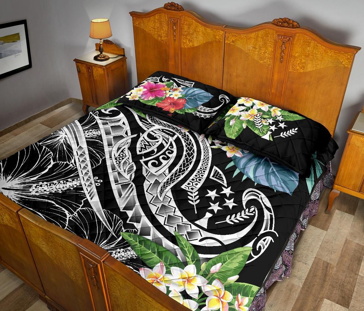 Kosrae Polynesian Quilt Bed Set - Summer Plumeria (Black)