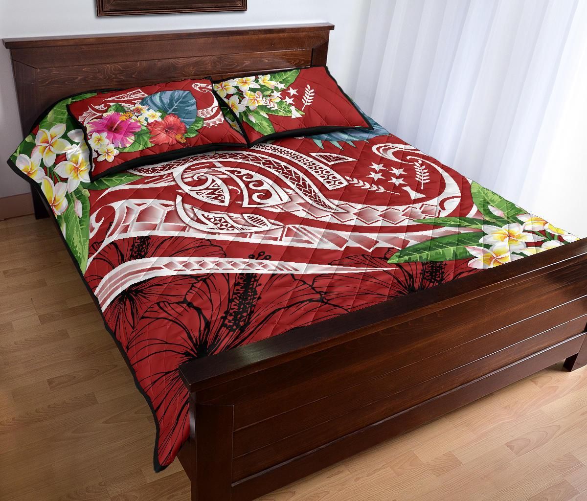 Kosrae Polynesian Quilt Bed Set - Summer Plumeria (Red)