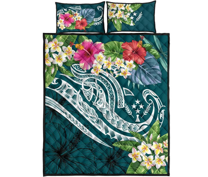 Kosrae Polynesian Quilt Bed Set - Summer Plumeria (Turquoise)