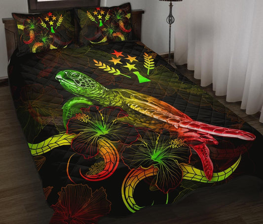 Kosrae Polynesian Quilt Bed Set - Turtle With Blooming Hibiscus Reggae