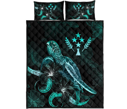Kosrae Polynesian Quilt Bed Set - Turtle With Blooming Hibiscus Turquoise