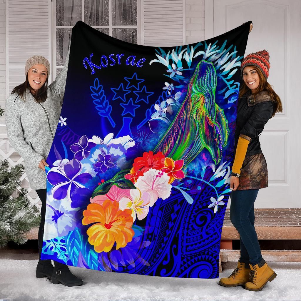 Kosrae Premium Blanket - Humpback Whale with Tropical Flowers (Blue)