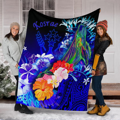 Kosrae Premium Blanket - Humpback Whale with Tropical Flowers (Blue)