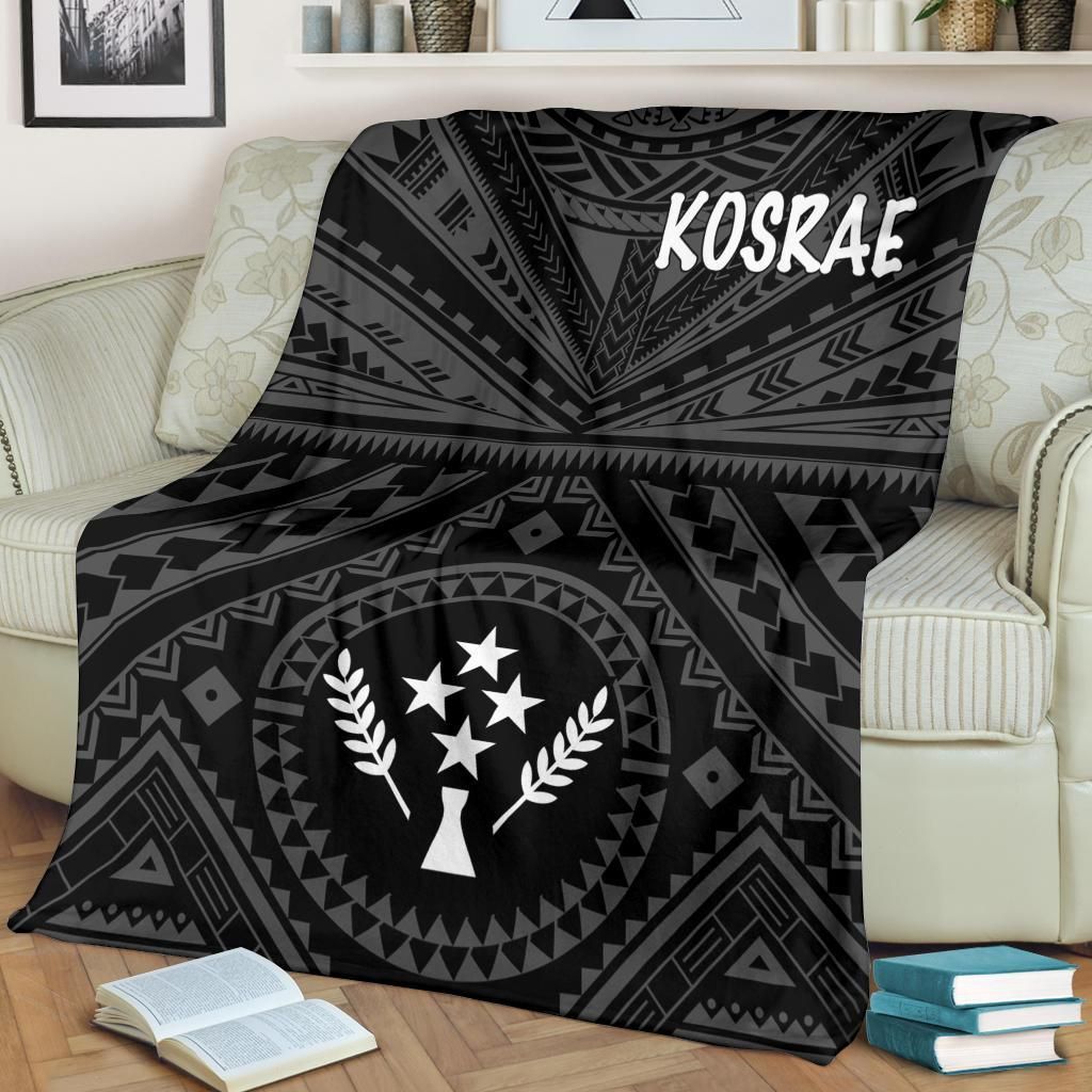 Kosrae Premium Blanket - Kosrae Flag In Polynesian Tattoo Style (Black)