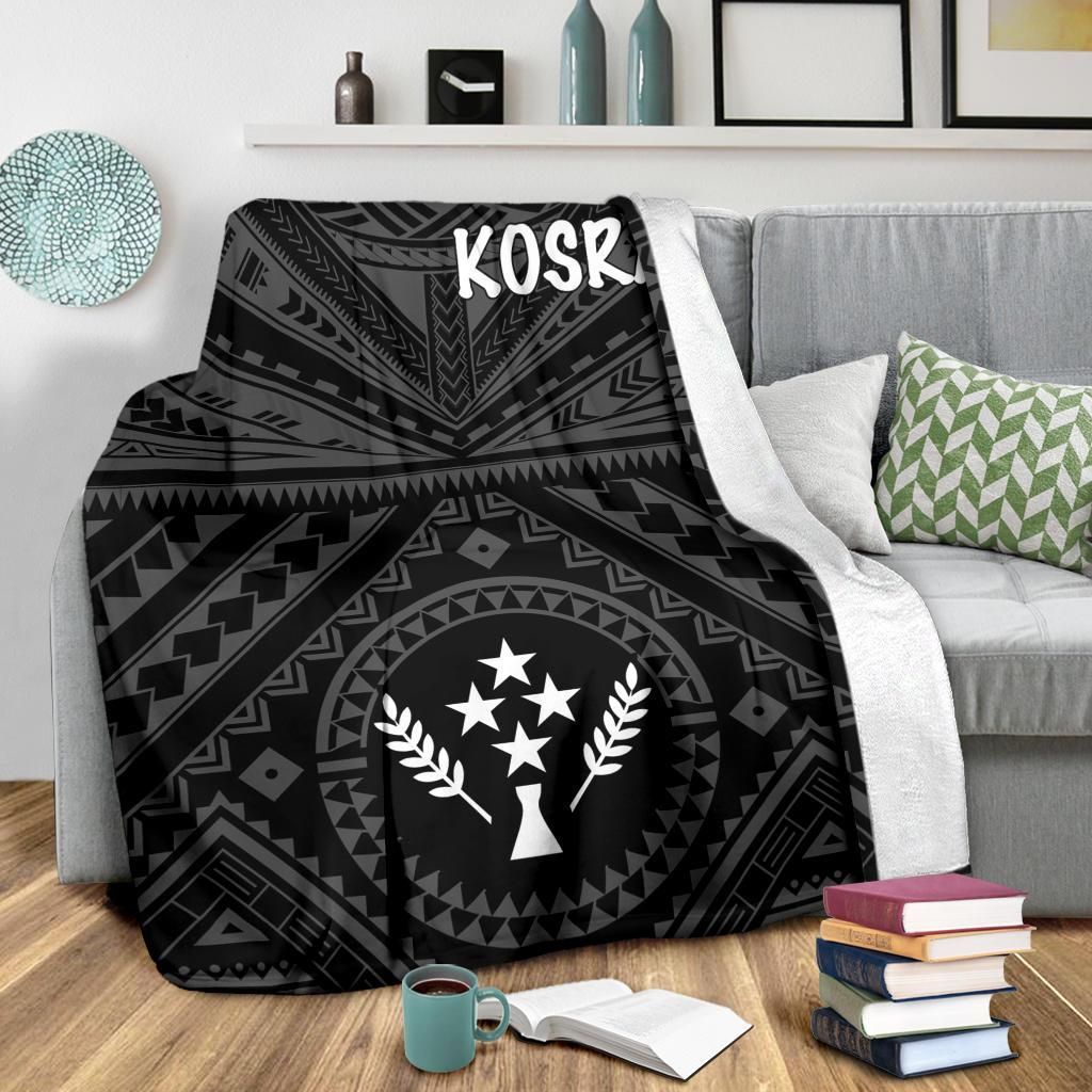Kosrae Premium Blanket - Kosrae Flag In Polynesian Tattoo Style (Black)