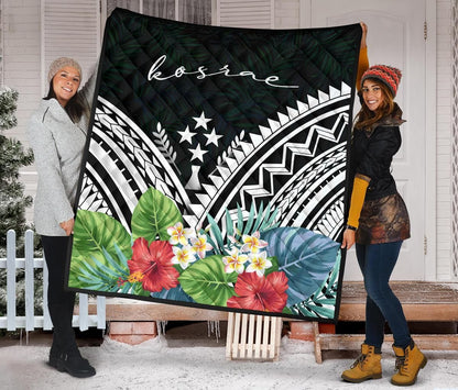 Kosrae Premium Quilt - Kosrae Coat of Arms & Polynesian Tropical Flowers White