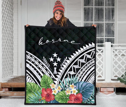 Kosrae Premium Quilt - Kosrae Coat of Arms & Polynesian Tropical Flowers White