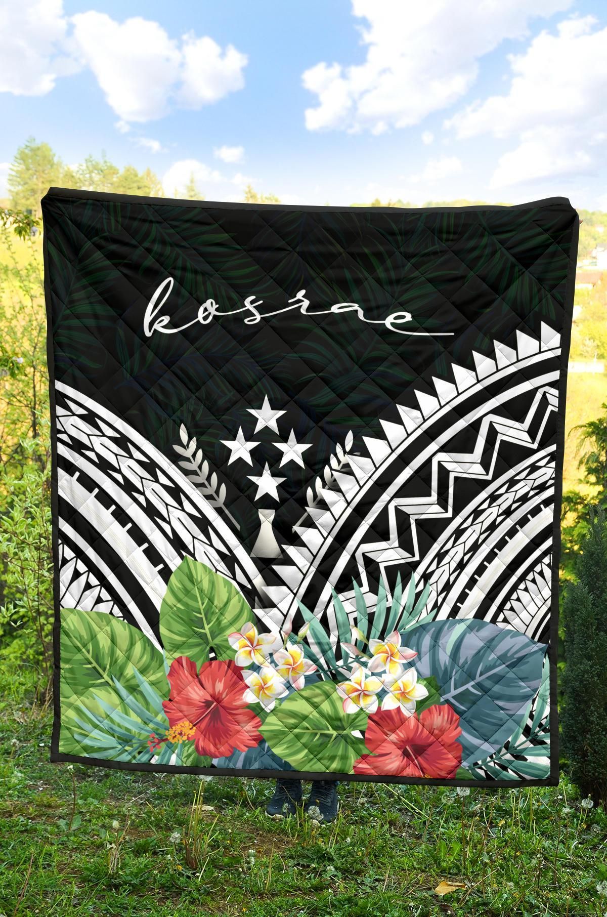 Kosrae Premium Quilt - Kosrae Coat of Arms & Polynesian Tropical Flowers White